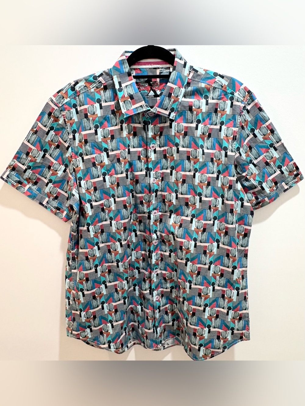 Robert Graham Men’s Button Short Sleeve Bahamas Tailored Fit Shirt XL Geo Print